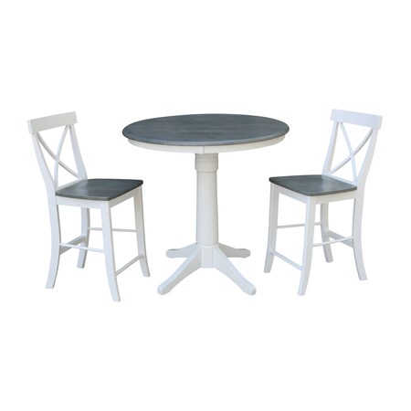 International Concepts Round 36 in Rd Ped Gathering Ht Table, 2 X-Back Stools, White/Heather Gray, 36 in W, 36 in L, Wood K05-36RT-27B-S6132-2